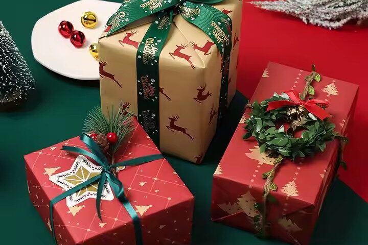 Branded Christmas Gift Wrapping Paper – Custom Logo Holiday Packaging (2) Custom logo Christmas wrapping paper with festive holiday designs