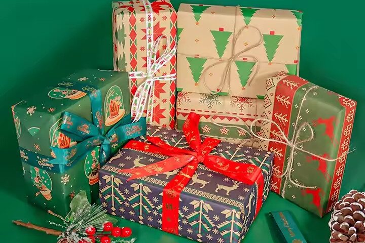 Premium custom kraft paper Christmas wrapping rolls with festive holiday prints