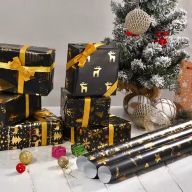 Luxury vintage black and gold Christmas gift wrapping paper rolls