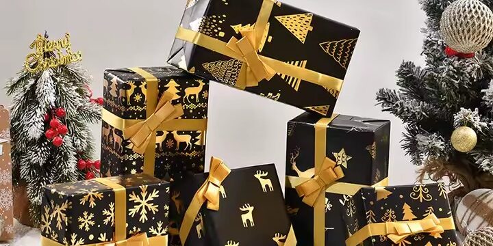 Luxury vintage black and gold Christmas gift wrapping paper rolls