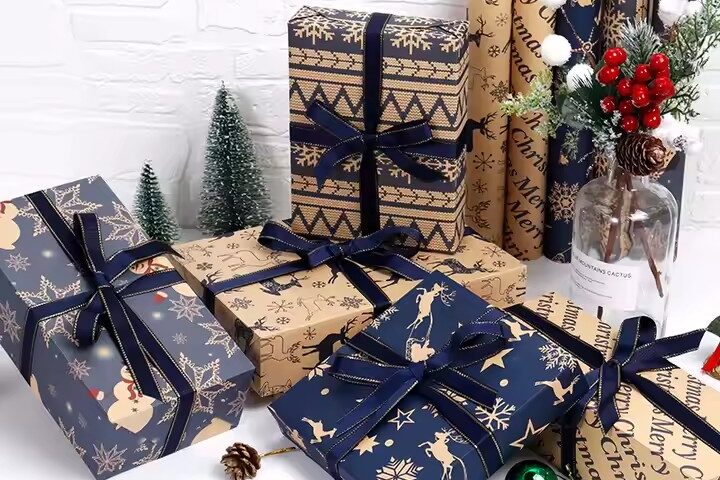 Vintage kraft paper Christmas wrapping rolls for rustic holiday packaging