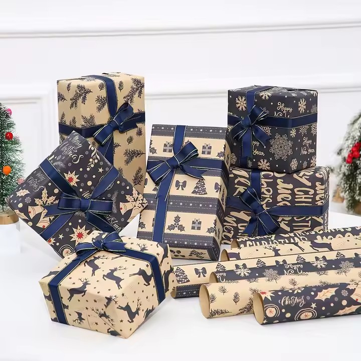 Vintage kraft paper Christmas wrapping rolls for rustic holiday packaging