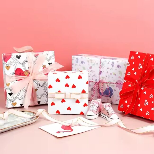 Custom birthday and Valentine’s gift wrapping paper with romantic prints