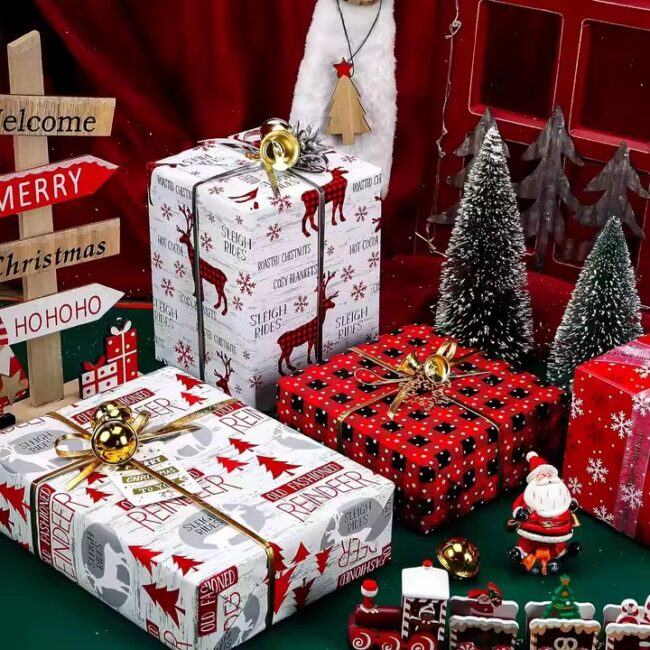 Custom printed Christmas wrapping paper sheets with festive gift box design