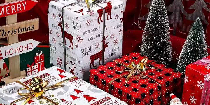 Custom printed Christmas wrapping paper sheets with festive gift box design