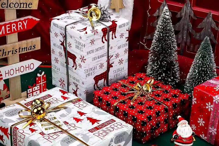 Custom printed Christmas wrapping paper sheets with festive gift box design