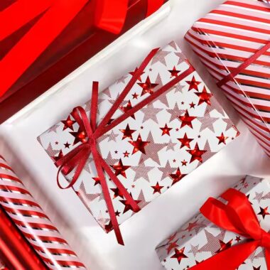 Custom printed Christmas wrapping paper sheets with festive gift box design