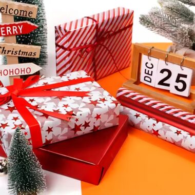 Custom printed Christmas wrapping paper sheets with festive gift box design