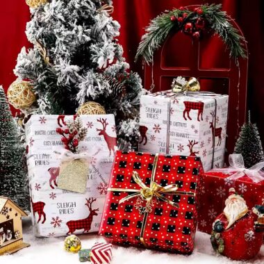 Custom printed Christmas wrapping paper sheets with festive gift box design