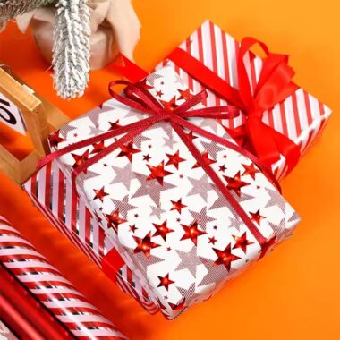Custom printed Christmas wrapping paper sheets with festive gift box design