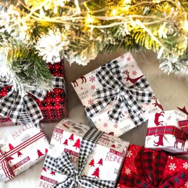 Custom printed Christmas wrapping paper sheets with festive gift box design