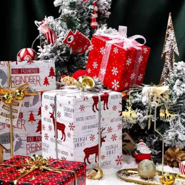 Custom printed Christmas wrapping paper sheets with festive gift box design