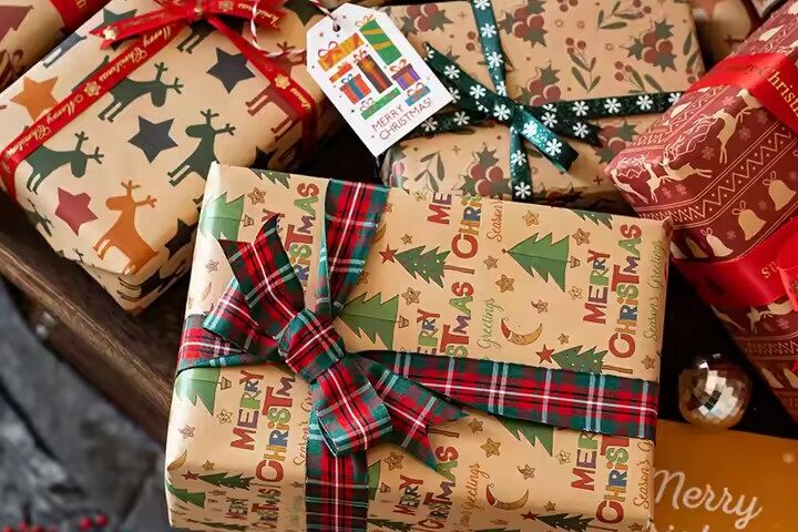 Custom luxury kraft paper Christmas wrapping paper with festive designs