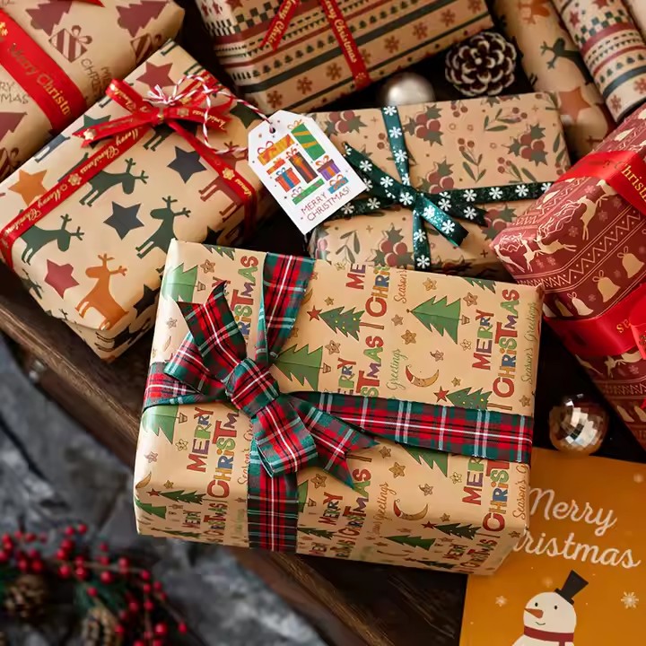 Custom luxury kraft paper Christmas wrapping paper with festive designs