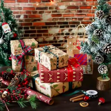 Custom luxury kraft paper Christmas wrapping paper with festive designs