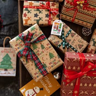 Custom luxury kraft paper Christmas wrapping paper with festive designs