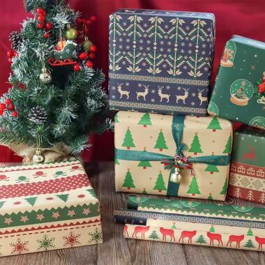 Custom luxury kraft paper Christmas wrapping paper with festive designs