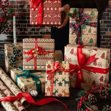 Custom luxury kraft paper Christmas wrapping paper with festive designs
