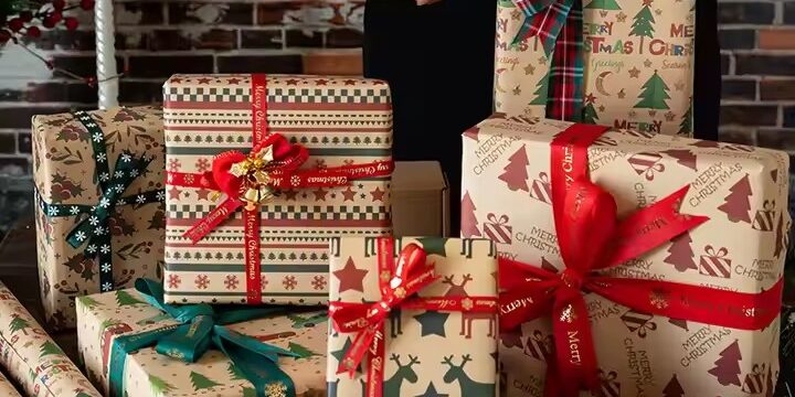Custom luxury kraft paper Christmas wrapping paper with festive designs