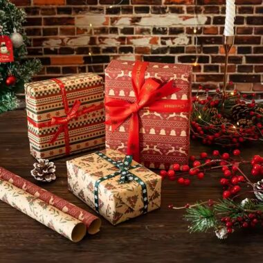 Custom luxury kraft paper Christmas wrapping paper with festive designs