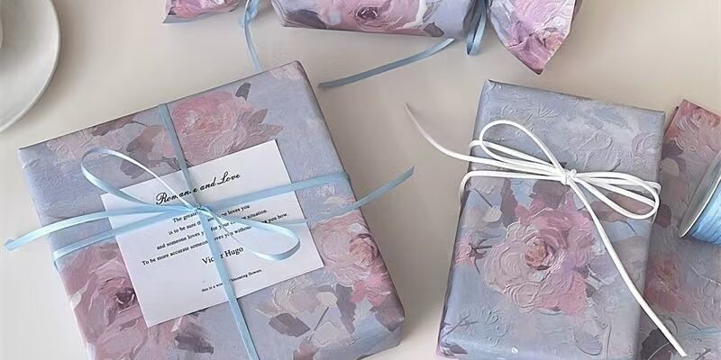 Blue oil painting floral thick kraft wrapping paper