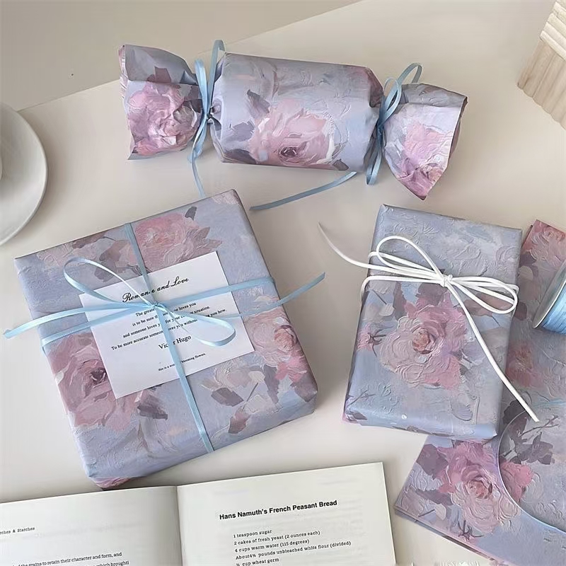 Blue oil painting floral thick kraft wrapping paper