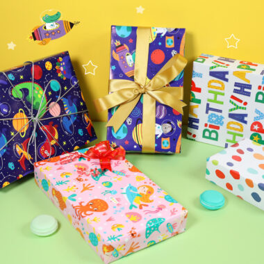Kids cartoon themed wrapping paper for children’s gifts