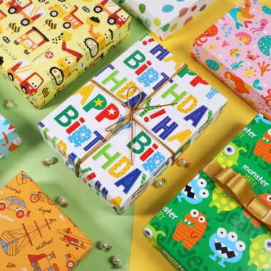 Kids cartoon themed wrapping paper for children’s gifts