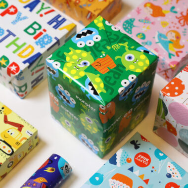 Kids cartoon themed wrapping paper for children’s gifts