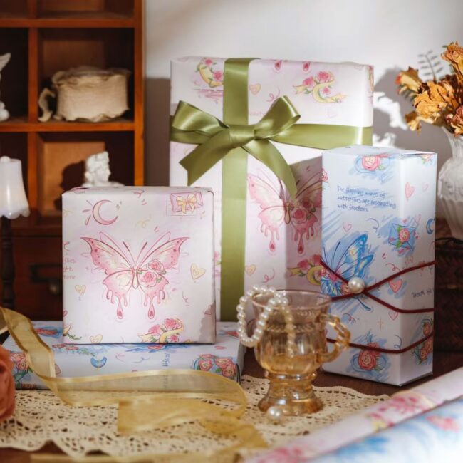 Large rose and butterfly kraft gift wrapping paper