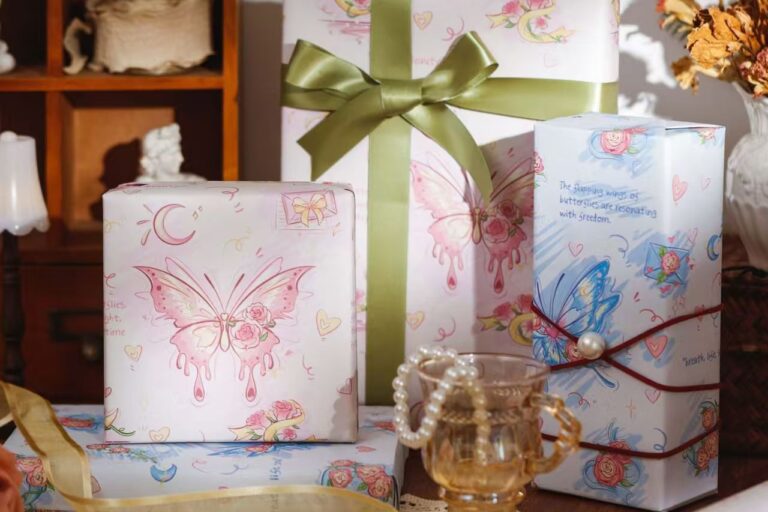 Large rose and butterfly kraft gift wrapping paper