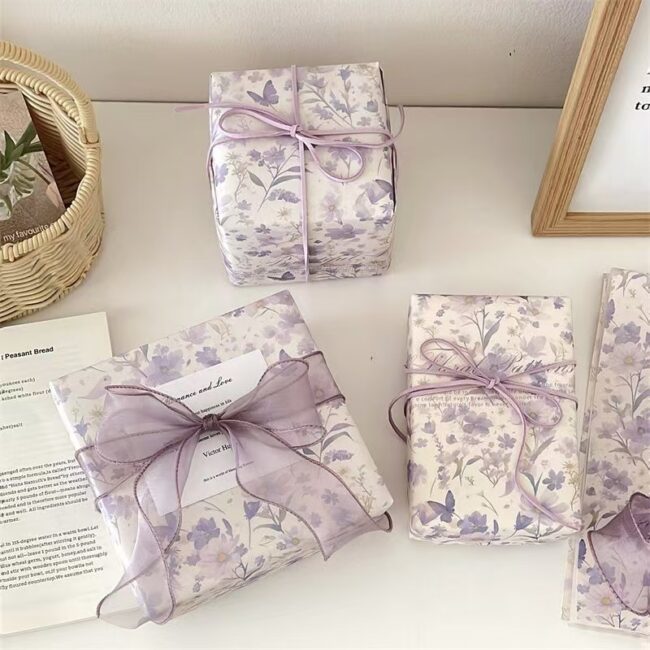 Elegant purple floral kraft wrapping paper for gifts