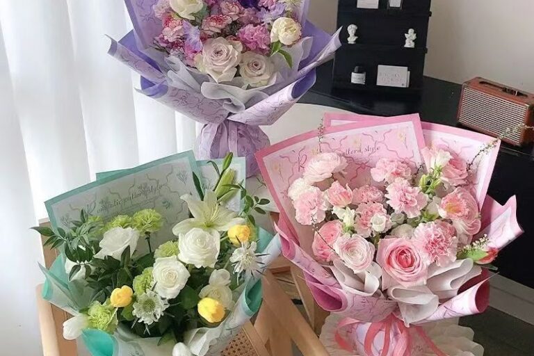 Spring hand-drawn printed kraft flower wrapping paper sheets