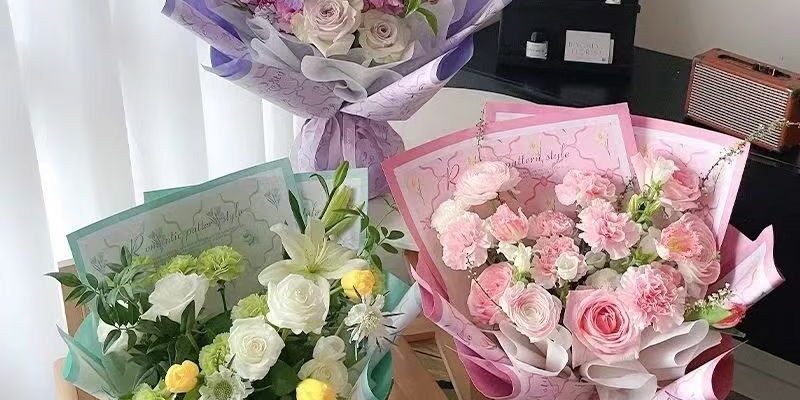 Spring hand-drawn printed kraft flower wrapping paper sheets