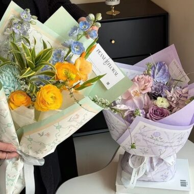 Spring hand-drawn printed kraft flower wrapping paper sheets