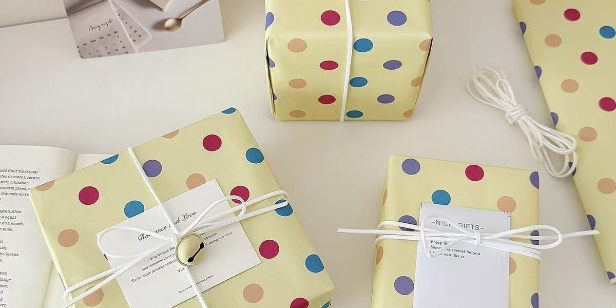 Yellow polka dot kraft wrapping paper for gift packaging