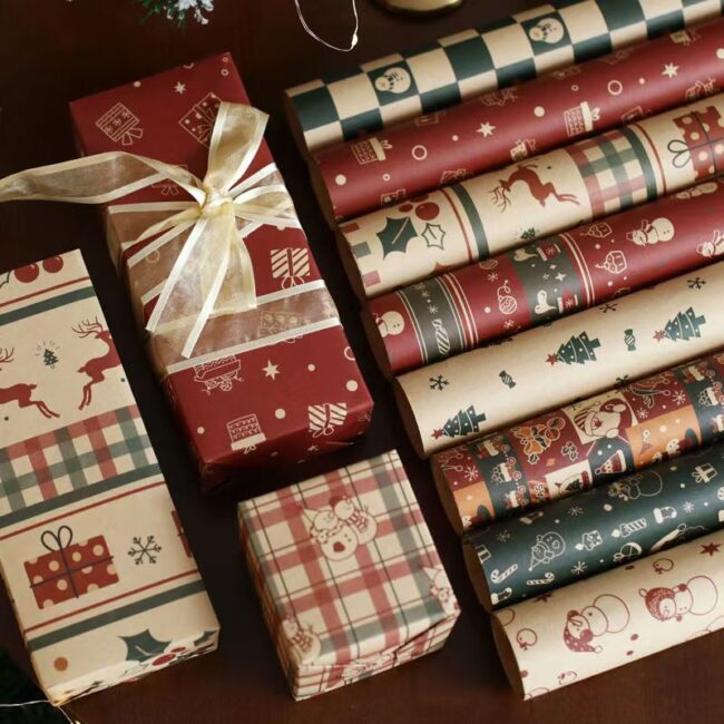 Cute thick kraft Christmas wrapping paper with festive prints