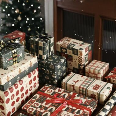 Cute thick kraft Christmas wrapping paper with festive prints