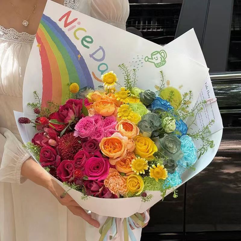 Rainbow minimalist kraft DIY flower wrapping paper