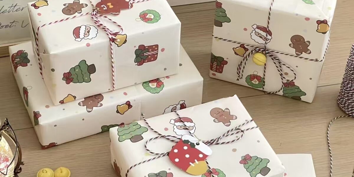 Santa-themed kraft Christmas wrapping paper sheets