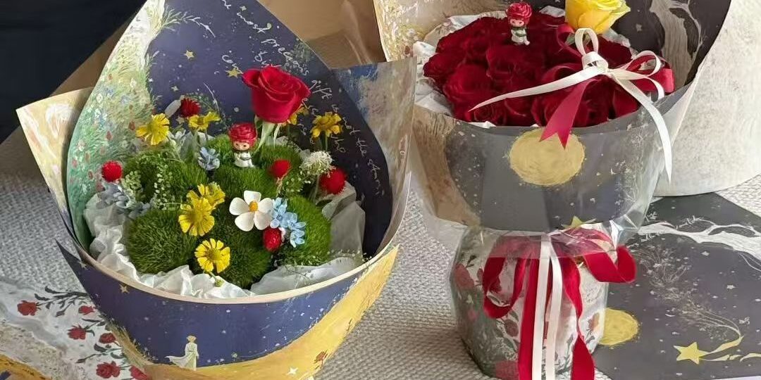 Starry romantic waterproof floral wrapping paper in dark tones