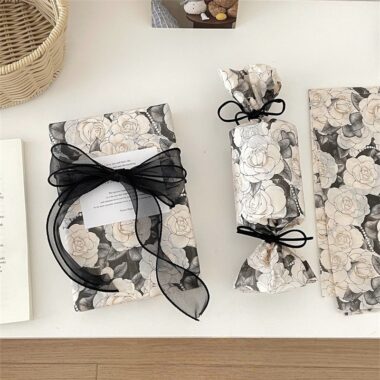Luxury black camellia romantic festival gift wrapping paper