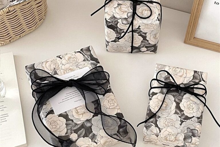 Luxury black camellia romantic festival gift wrapping paper