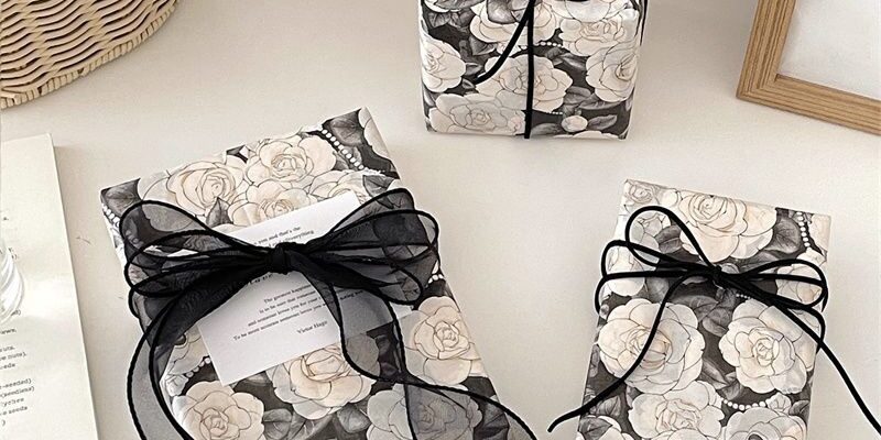 Luxury black camellia romantic festival gift wrapping paper