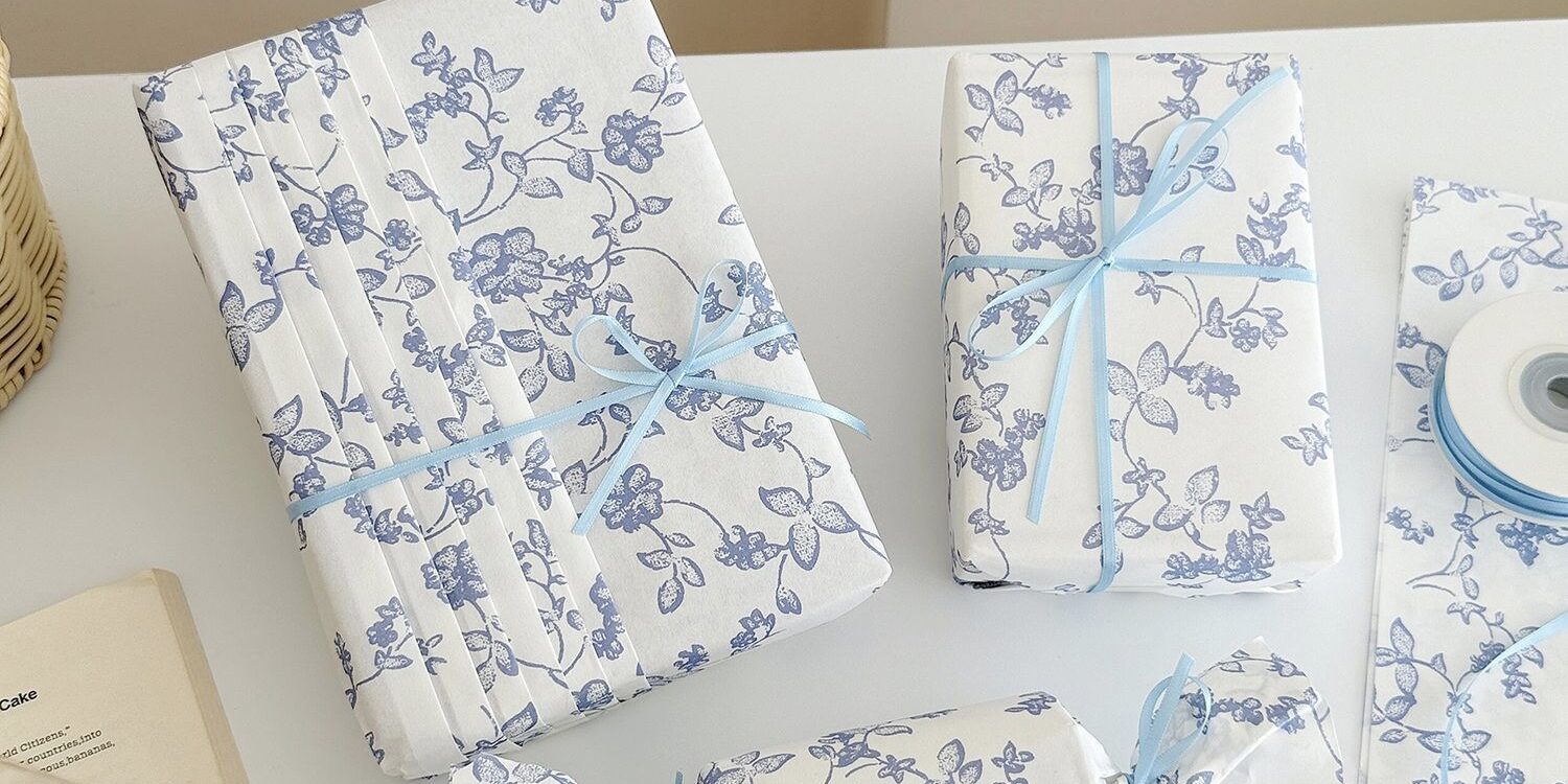 Premium blue floral festival gift wrapping paper elegant style