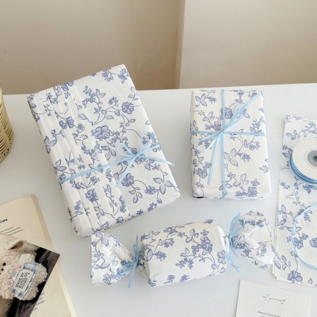Premium blue floral festival gift wrapping paper elegant style