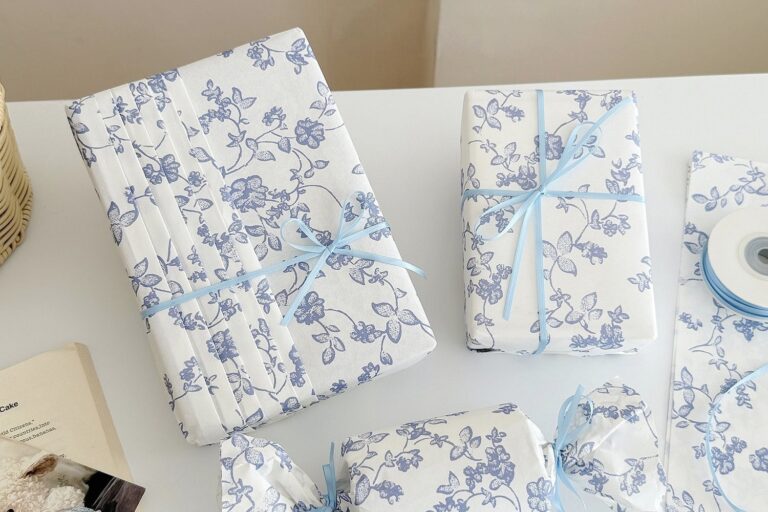 Premium blue floral festival gift wrapping paper elegant style