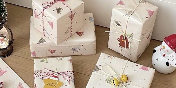 Colorful Christmas tree wrapping paper with festive atmosphere