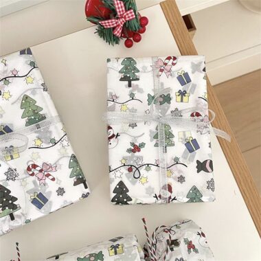 Cartoon Christmas wrapping paper with festive holiday elements
