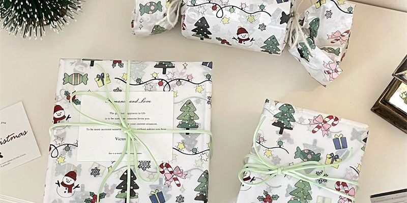 Cartoon Christmas wrapping paper with festive holiday elements